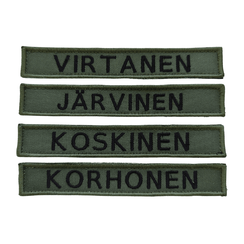 Brodeerattu yksirivinen nimikyltti (yleisimmät sukunimet)